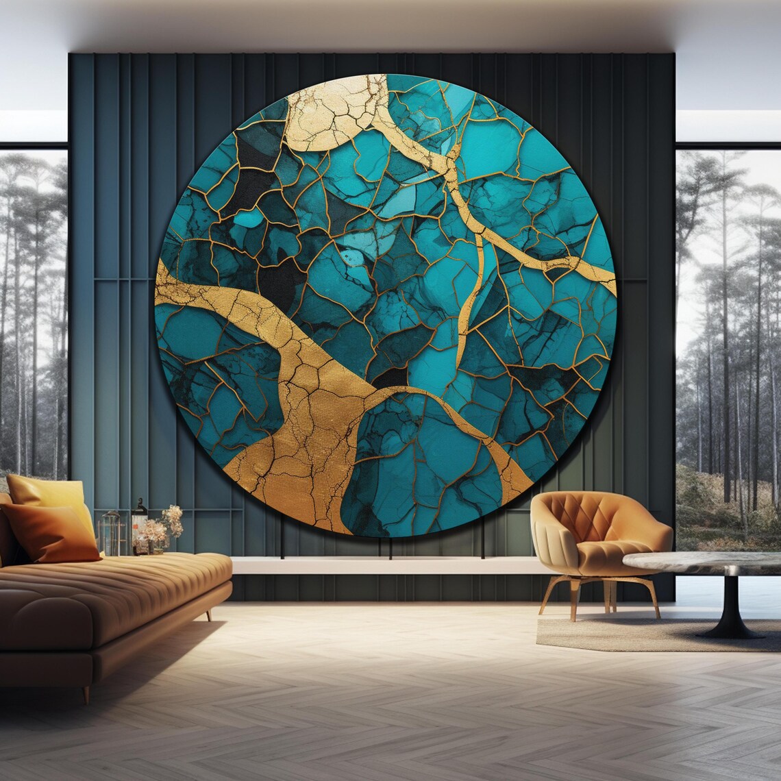 Turquoise Teal Marble Gold Vein Abstract Luxury Round Glass Wall Art - Image 4