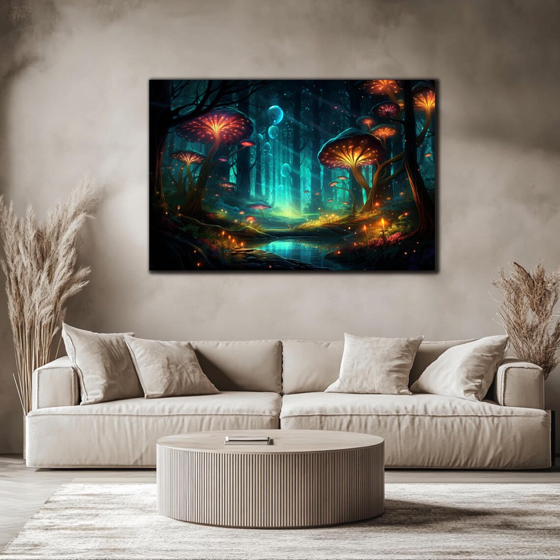 Tempered Glass Wall Art Fireflies Illuminate Forest Fantasy Neon Wall Decor Optical Illusion Artwork Psychedelic Glowing Forest Glass Art - Image 4