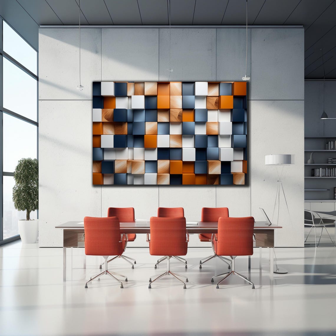 Navy Orange White Wood Cube Grid Bold 3D Abstract Wall Art Print - Image 2