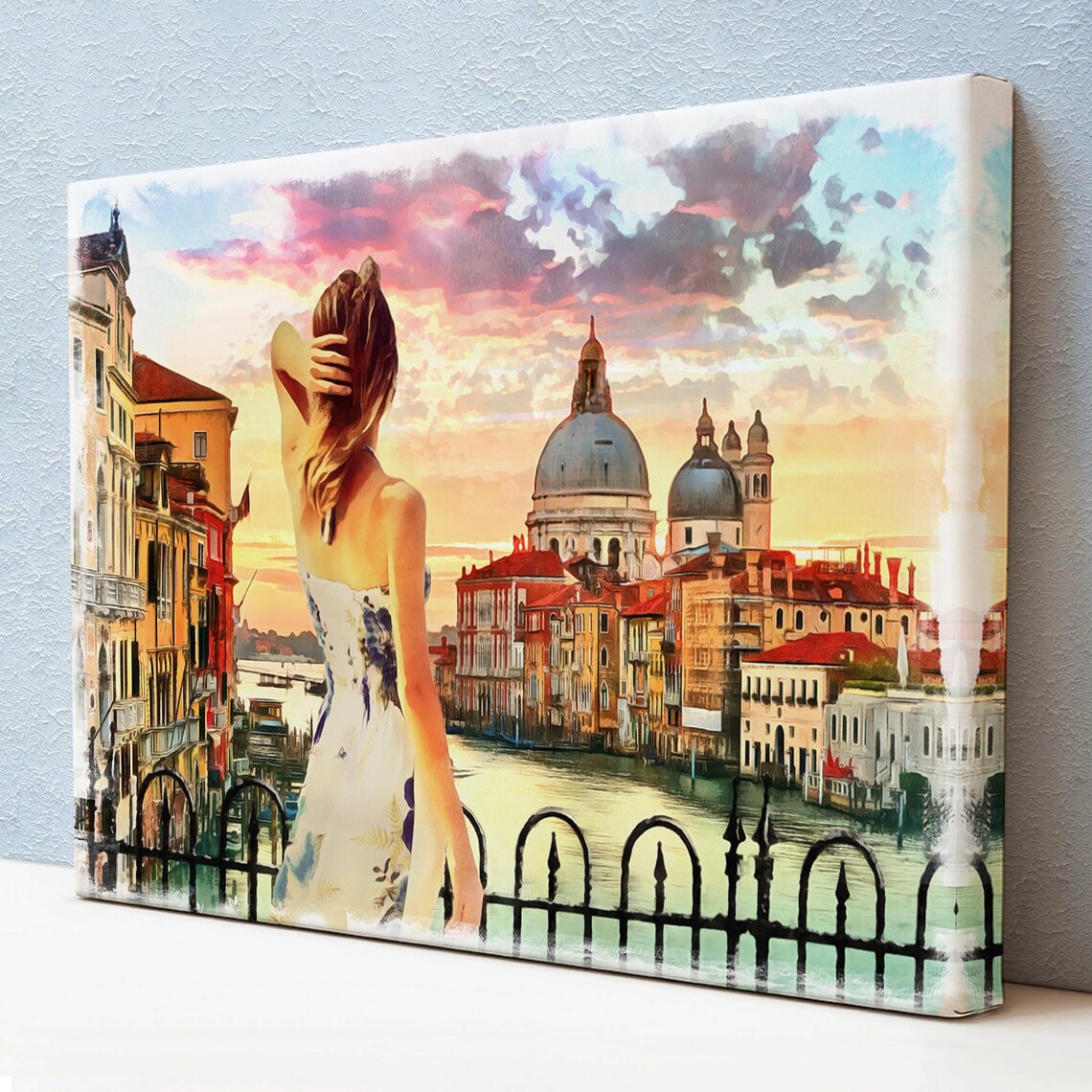Venice Grand Canal Sunset Salute Domes Woman on Terrace Travel Poster