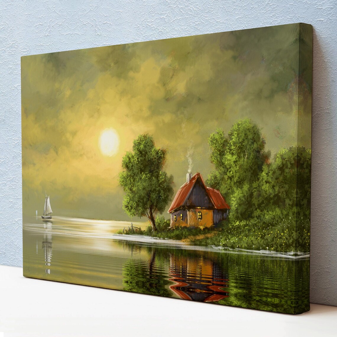 Lakeside Cottage Red Roof Golden Sunset Reflection Sailboat Poster