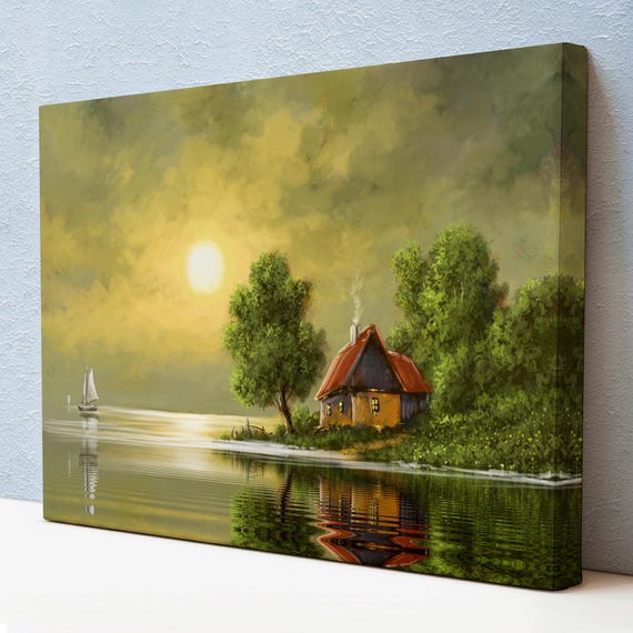Cottage By The Lake Oil Painting Style Decorative Wall Art Nature Art Landscape Wall Table Nature Decor