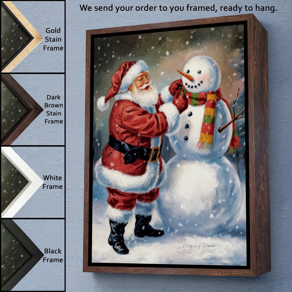 Santa Claus Building Snowman Winter Night Cheerful Christmas Poster - Image 3