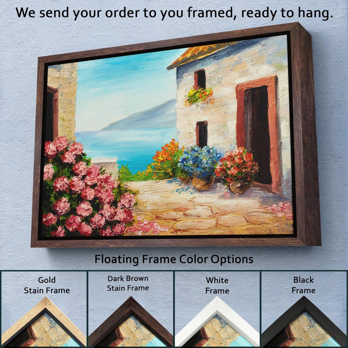 Mediterranean Stone Cottage With Flowers Beautiful Seaside Art Poster - Image 3