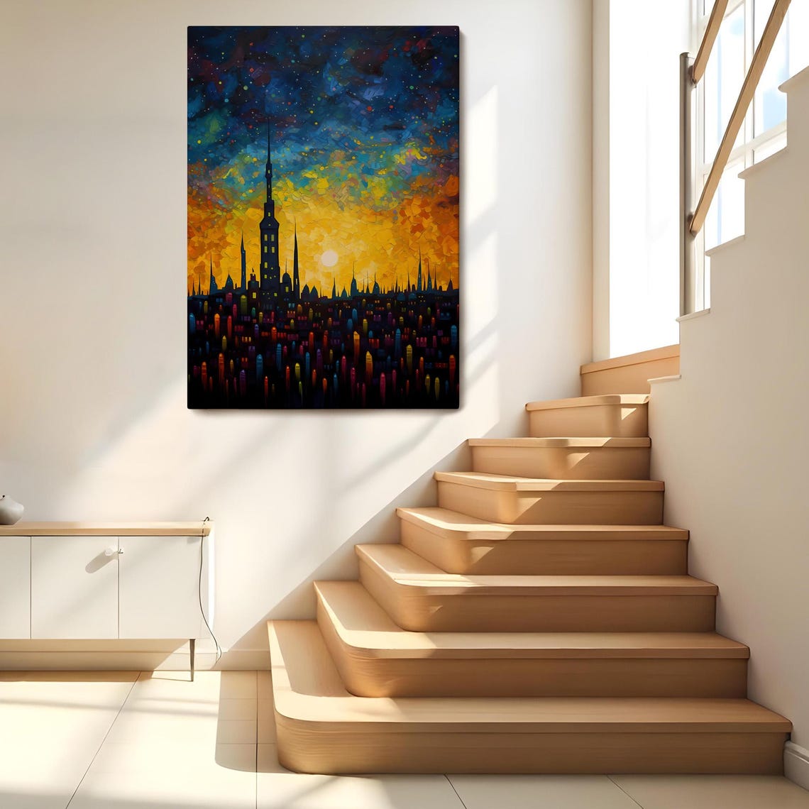 Starry Night City Skyline Silhouette Golden Sky Fantasy Wall Art - Image 2