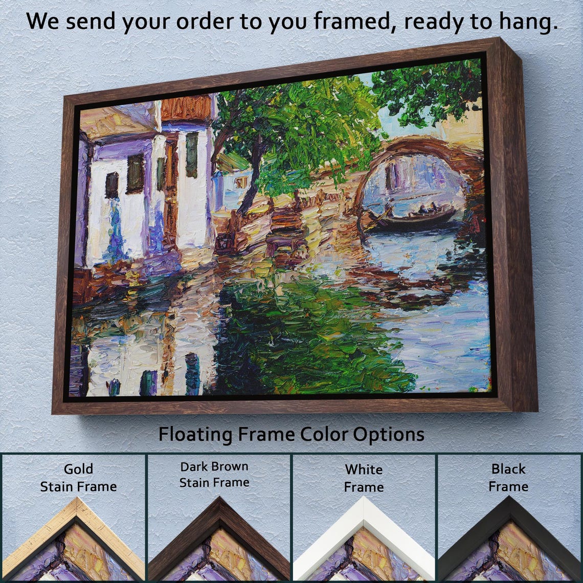 Old Stone Bridge Canal Gondola Boat Impasto European Old Town Poster - Image 3