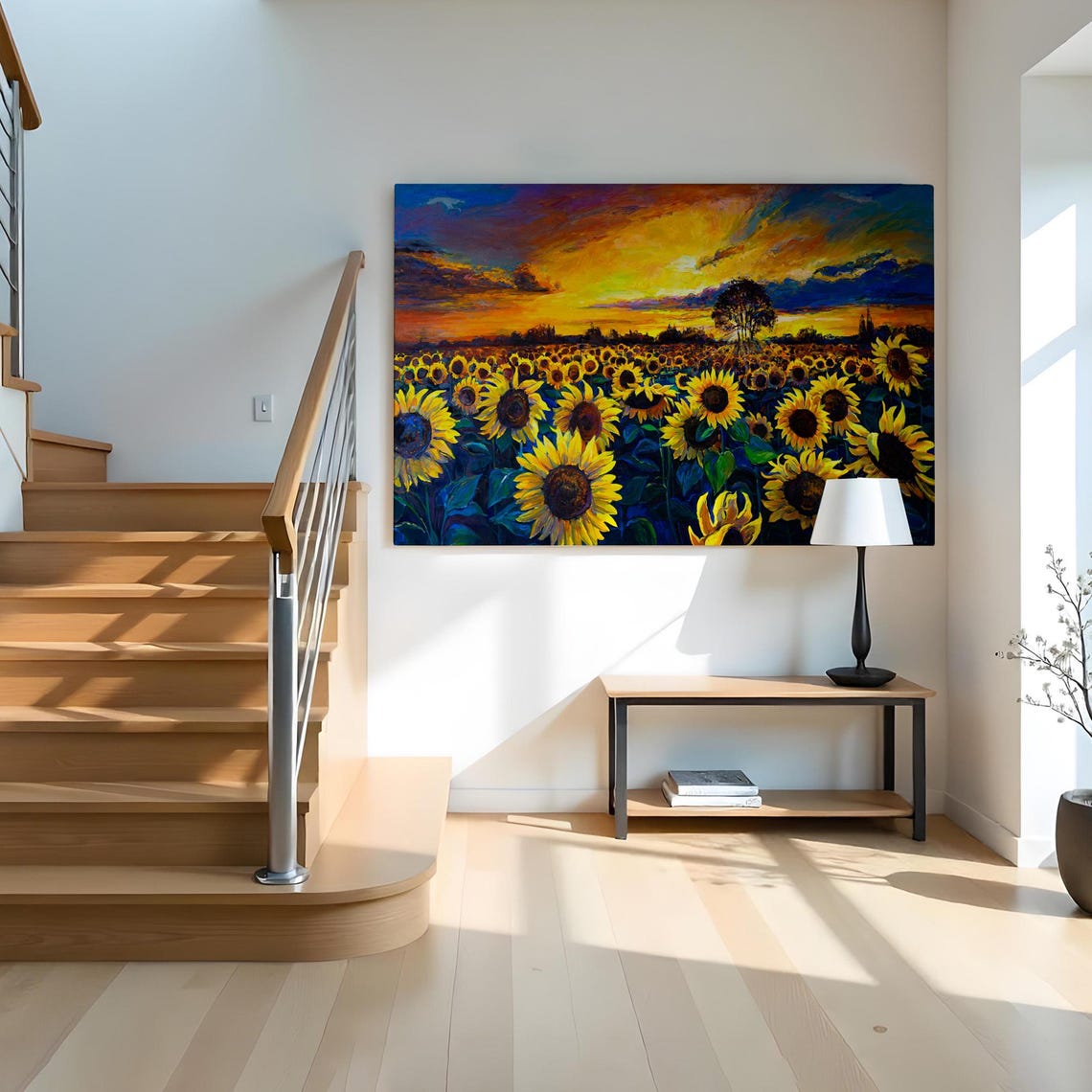 Sunflower Field Glowing Sunset Sky Vibrant Orange Impressionist Print - Image 2
