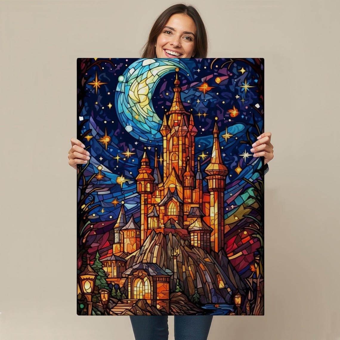 Stained Glass Fairy Tale Castle Crescent Moon Starry Night Art Poster - Image 4