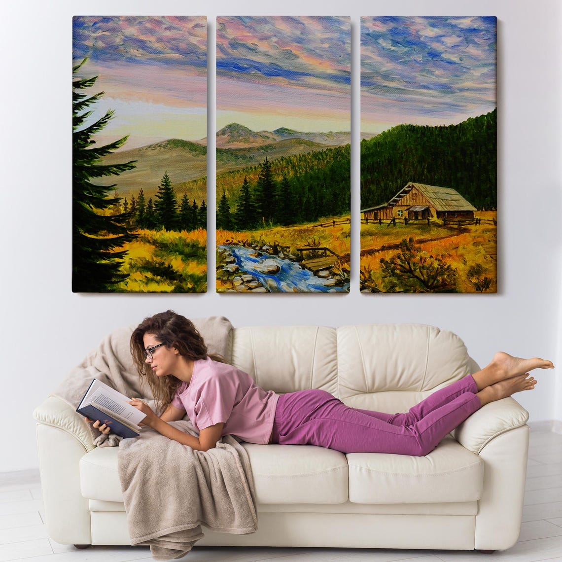 Pine Forest Mountain Cabin Stream Sunset Sky Landscape Travel Poster - Image 3