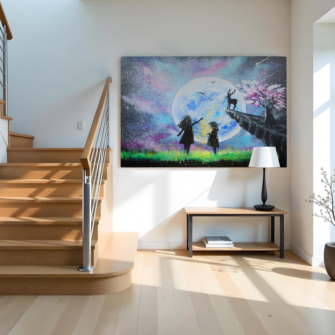 Children Under Giant Full Moon Deer Cherry Blossom Starry Night Poster - Image 2