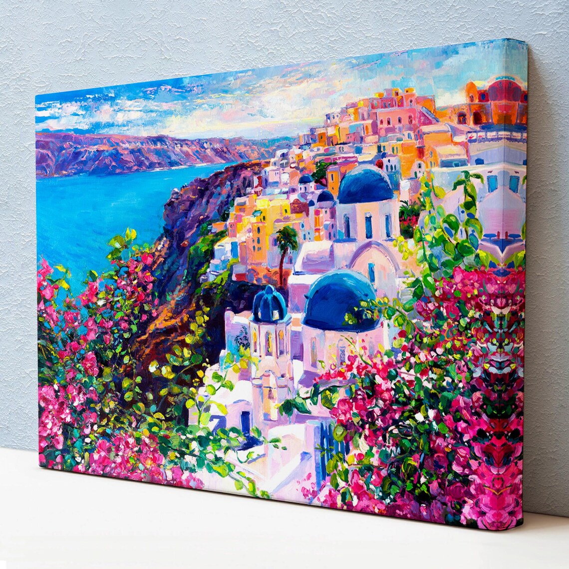 Santorini Greece Blue Domes Bougainvillea Caldera View Colorful Poster