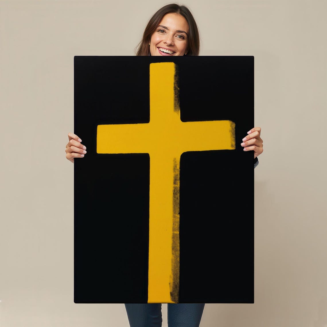Yellow Cross Black Background Minimalist Christian Art Print - Image 4