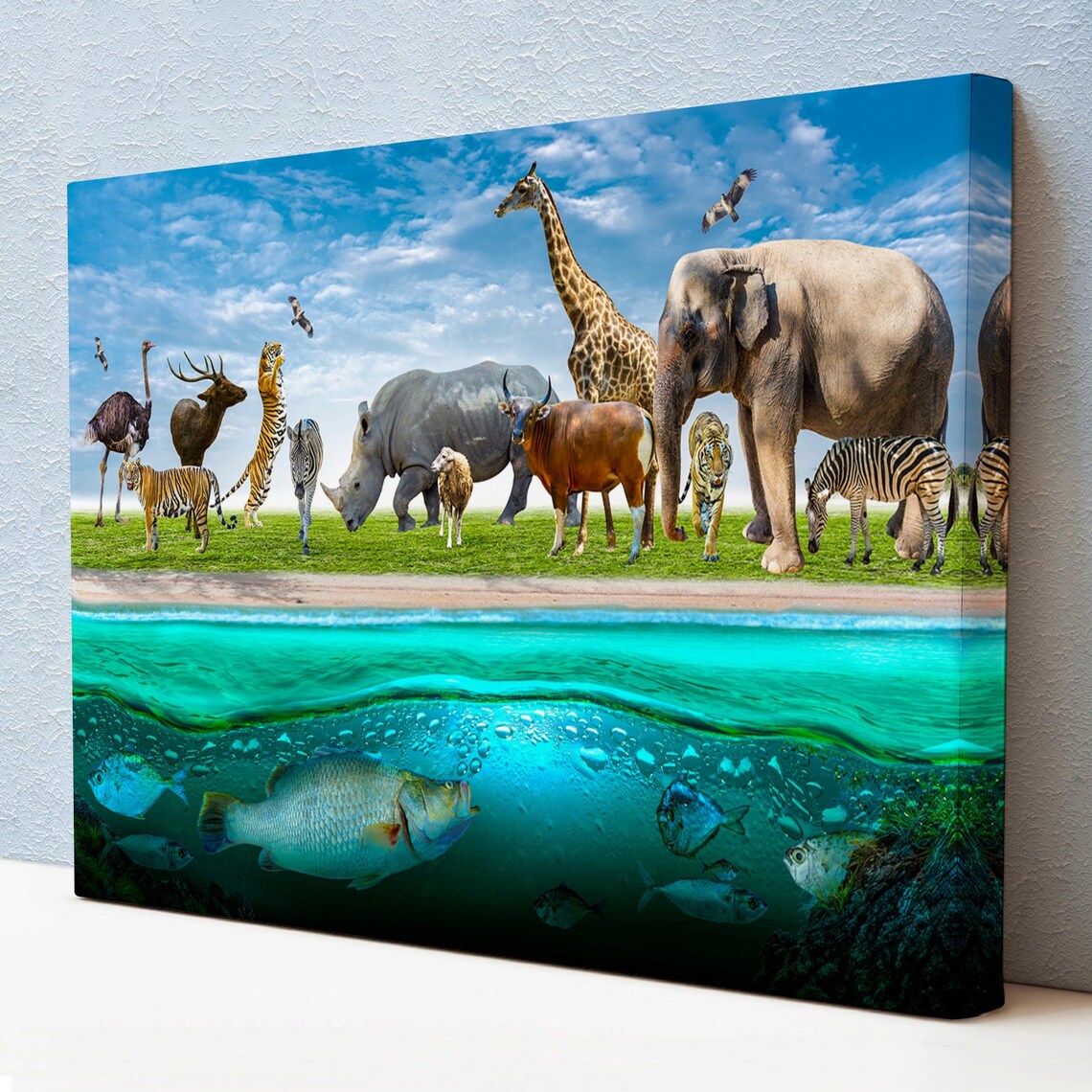 Animal Kingdom Land Sea Wildlife Collage Elephant Giraffe Tiger Print