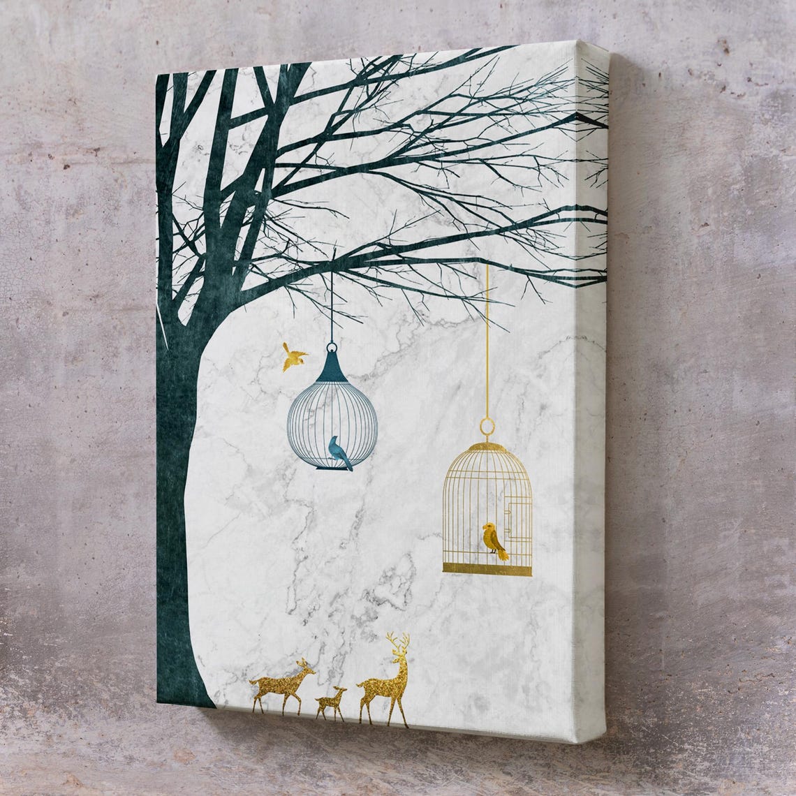Minimal Golden Deer Birds Hanging Cages Tree Nature Scene Poster