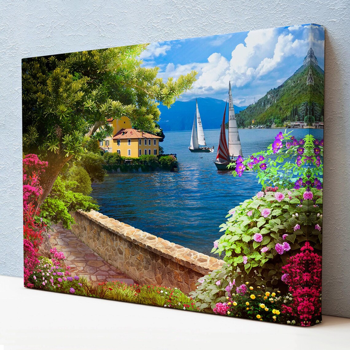 Italian Lake Villa Flower Garden Sailboats Summer Lakeside View Poster