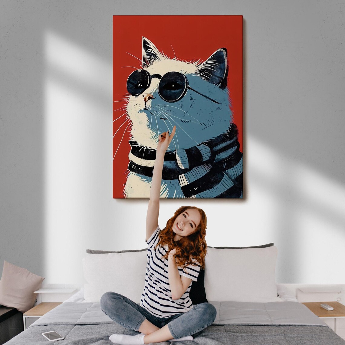 Cool Cat Wearing Sunglasses And Striped Scarf On Bold Red Canvas Poster - Image 3