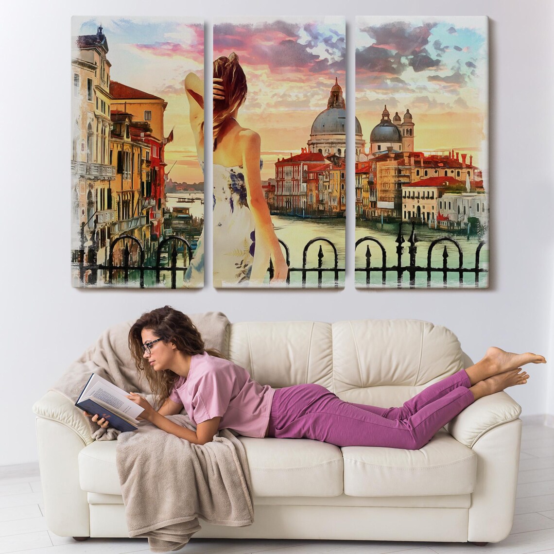 Venice Grand Canal Sunset Salute Domes Woman on Terrace Travel Poster - Image 3