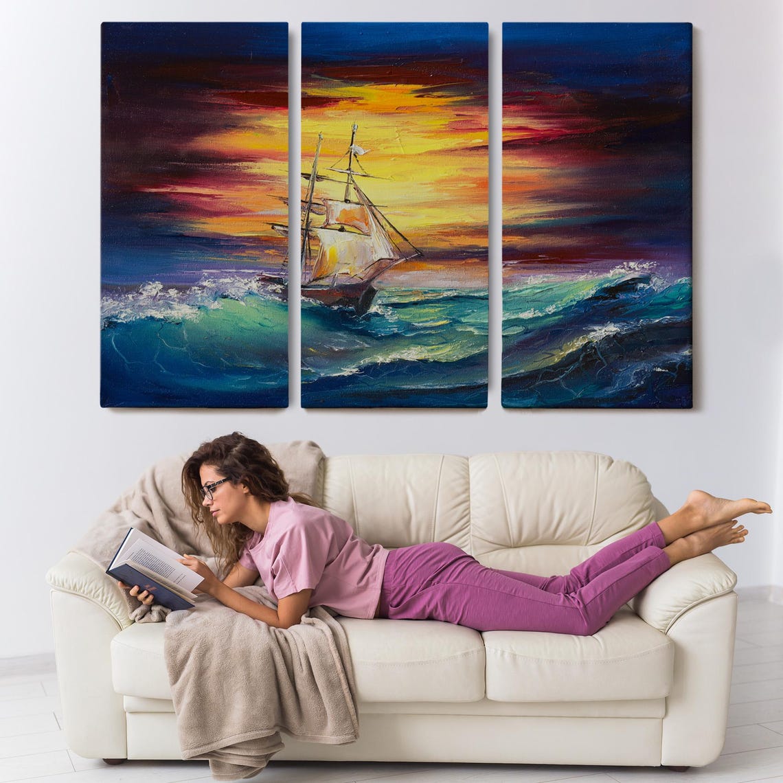 Sailing Ship on Stormy Sunset Teal Waves Dramatic Sky Wall Art - Image 3
