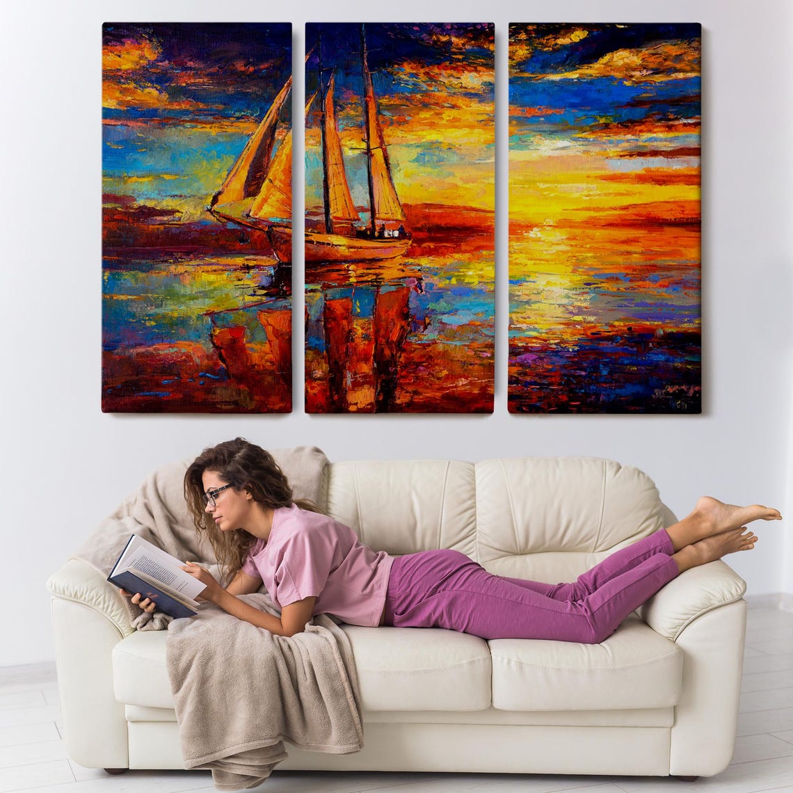 Tall Ship Sailing Fiery Orange Sunset Ocean Reflection Art Poster - Image 3