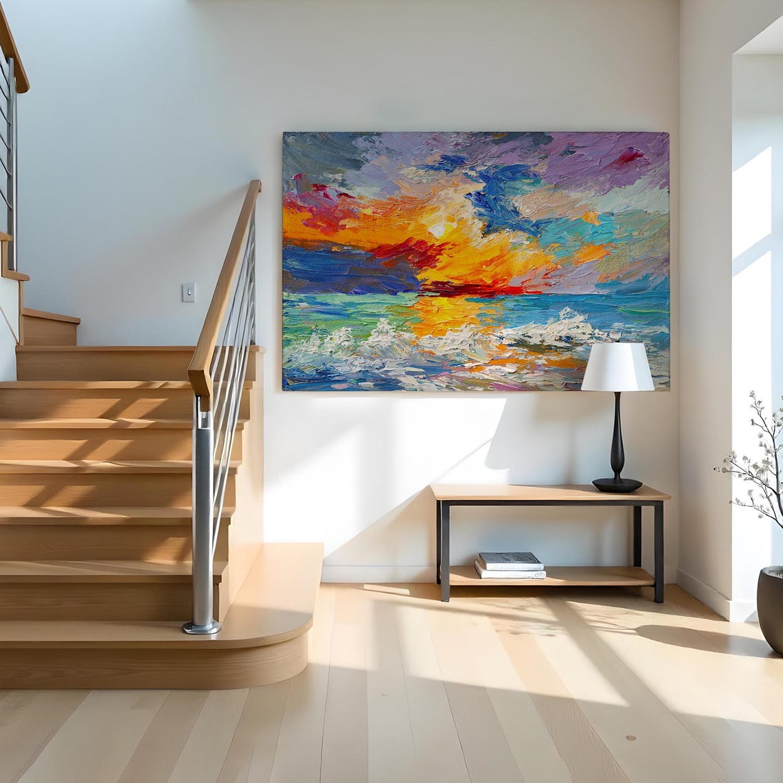 Sunset Over The Ocean Impasto Waves Dramatic Sky Oil Art Poster - Image 2