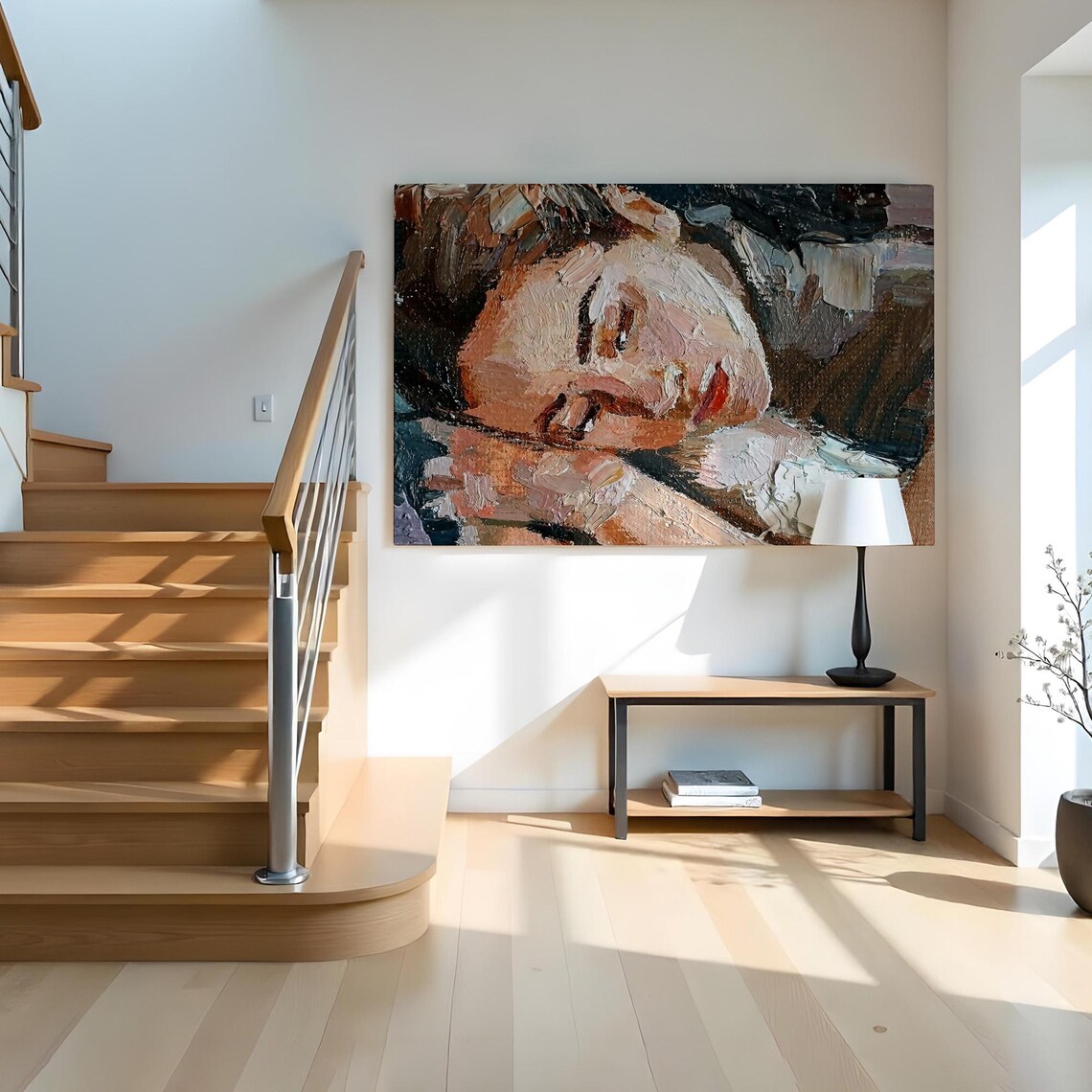 Sleeping Woman Portrait Impasto Oil Painting Warm Brushstroke Print Poster - Image 2