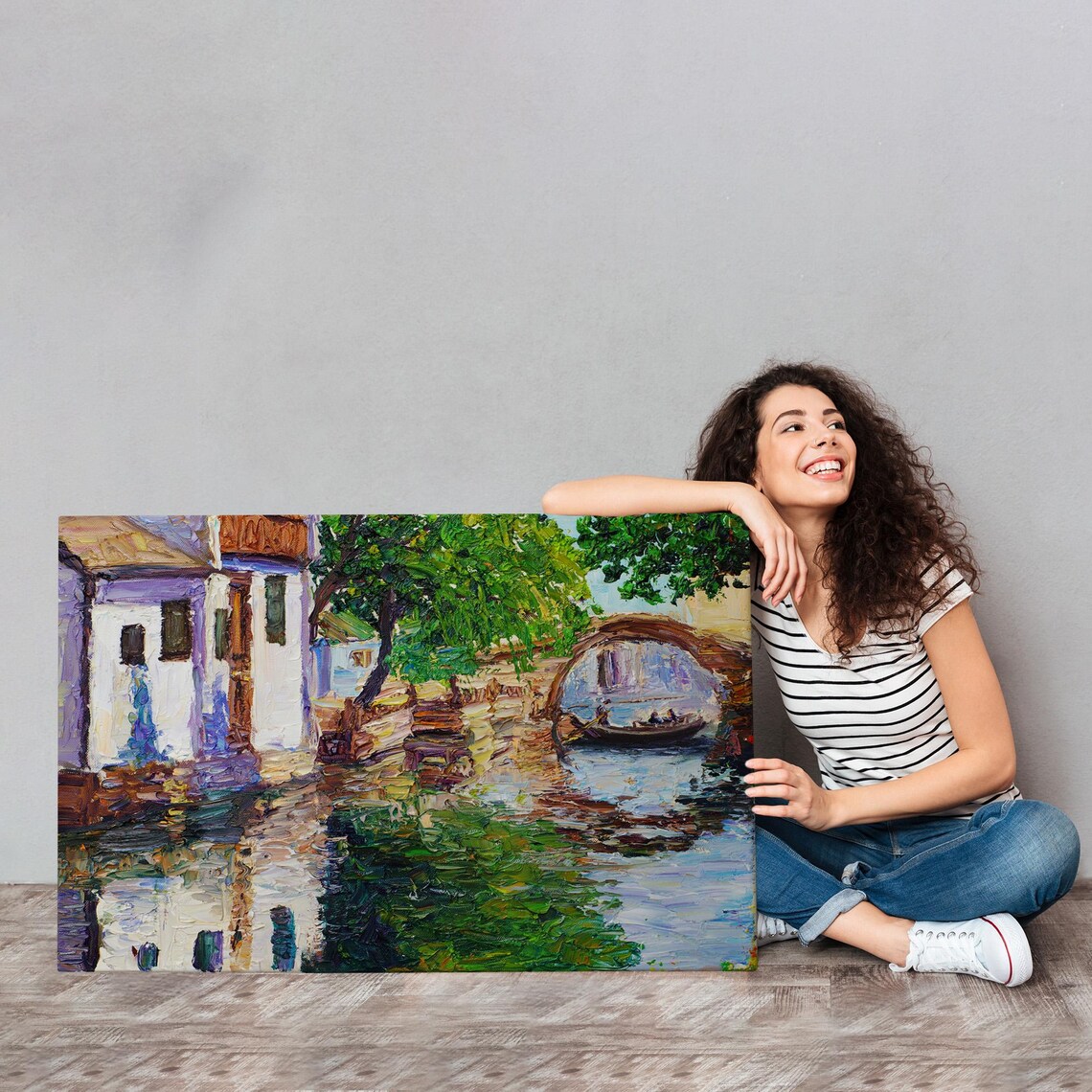 Old Stone Bridge Canal Gondola Boat Impasto European Old Town Poster - Image 4