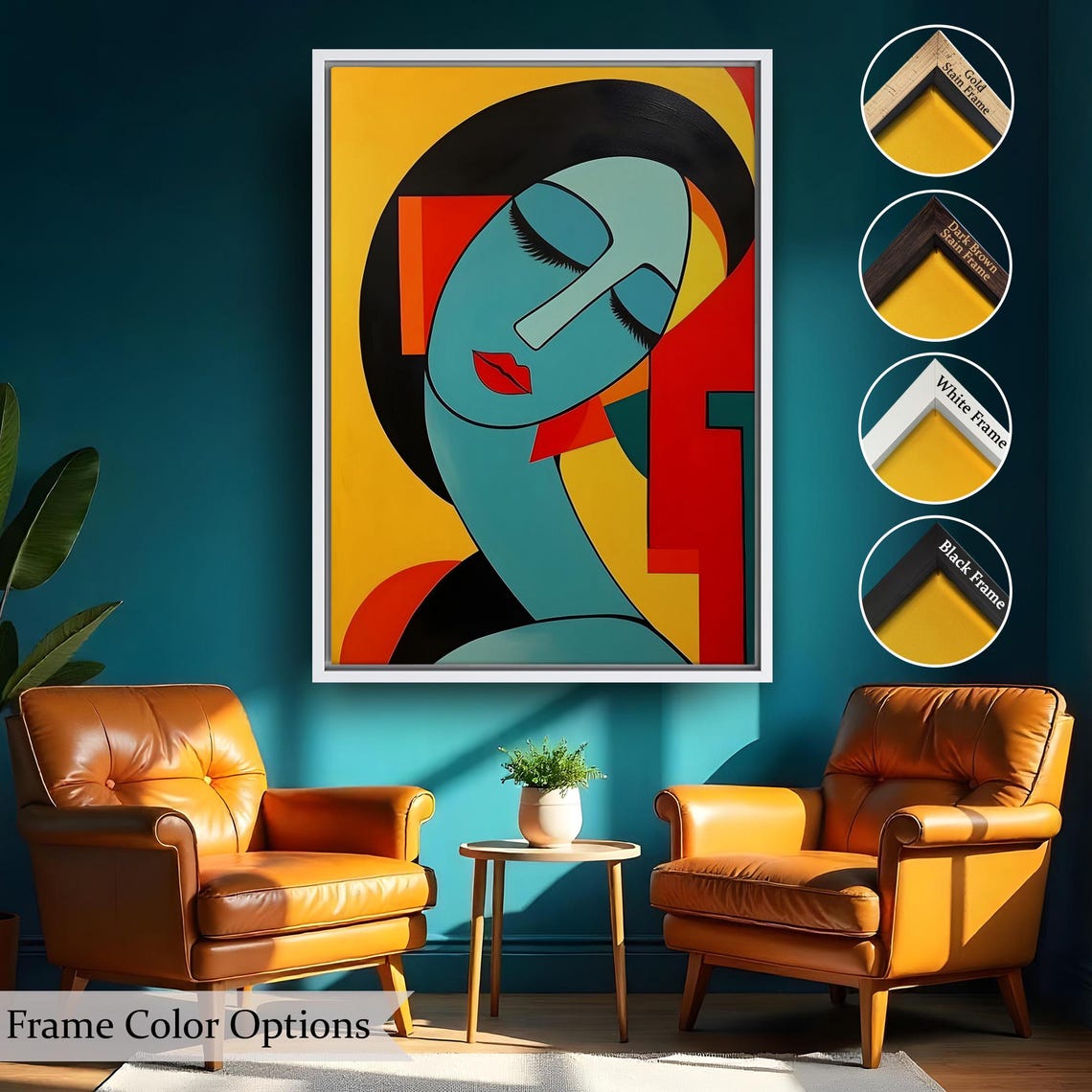 Cubist Woman Face Teal Red Yellow Geometric Modern Abstract Art Poster - Image 2