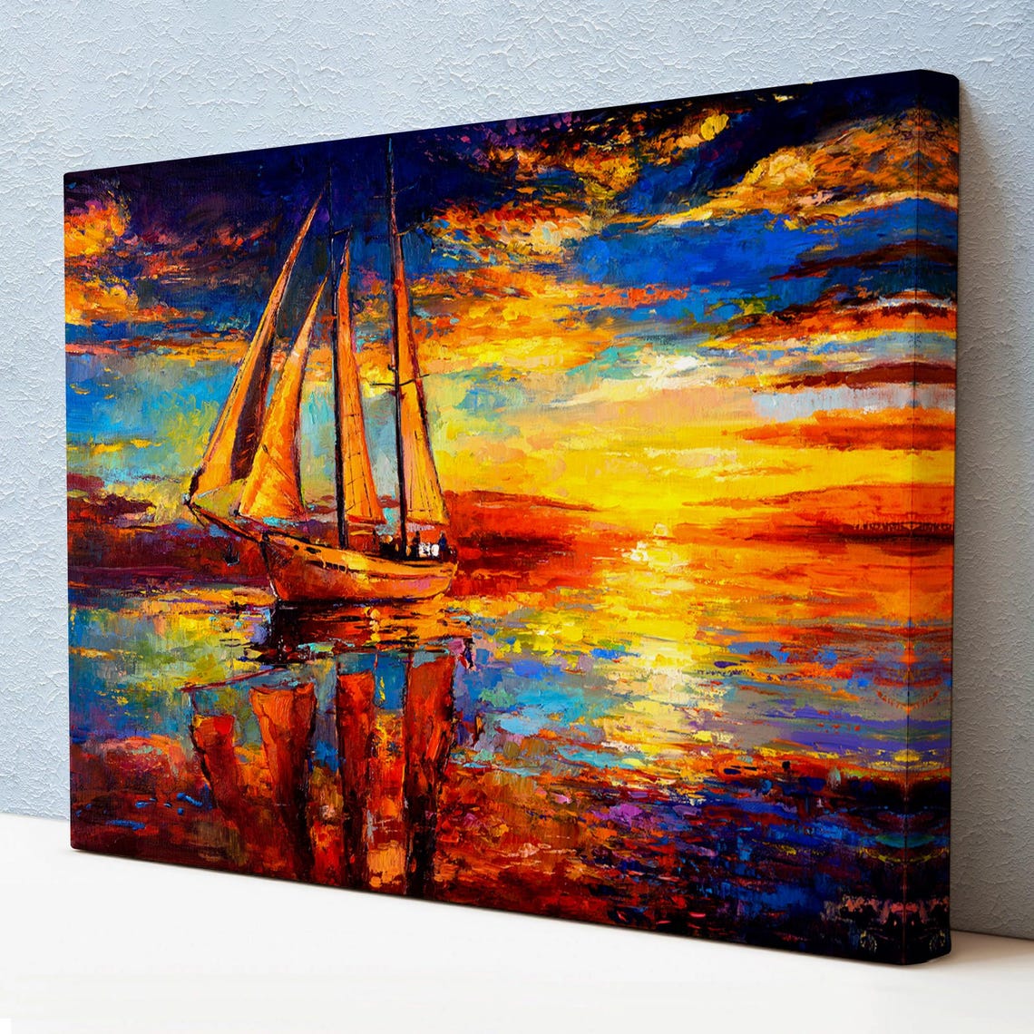 Tall Ship Sailing Fiery Orange Sunset Ocean Reflection Art Poster