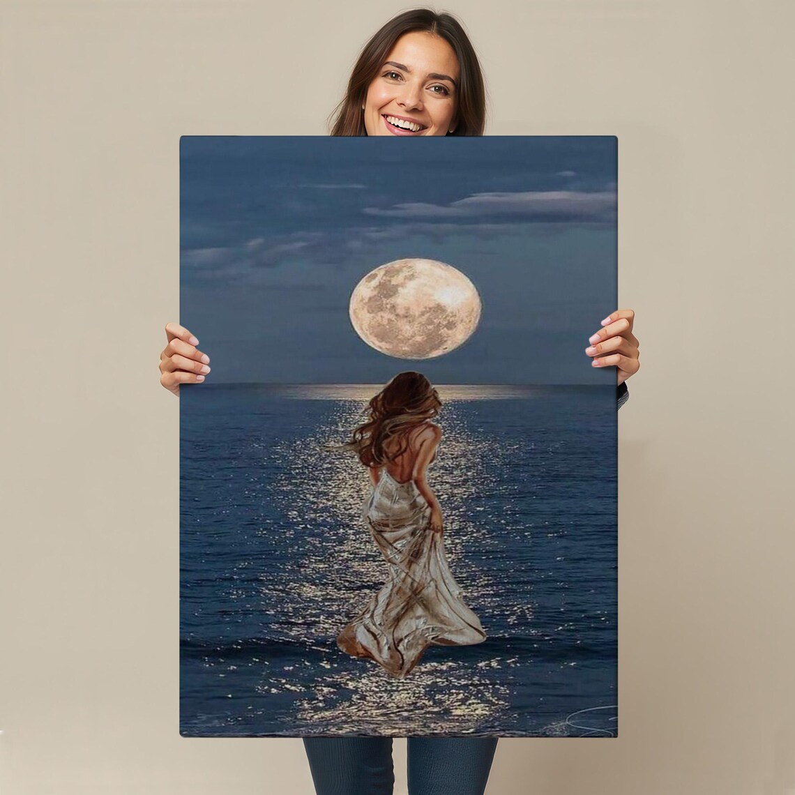 Woman In White Dress Walking Into Moonlit Ocean Night Art Poster - Image 4