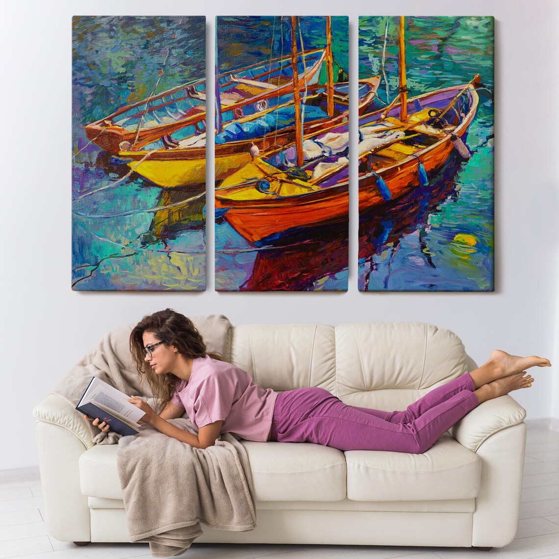 Colorful Fishing Boats Harbor Oil Painting Vibrant Marina Scene Poster - Image 3