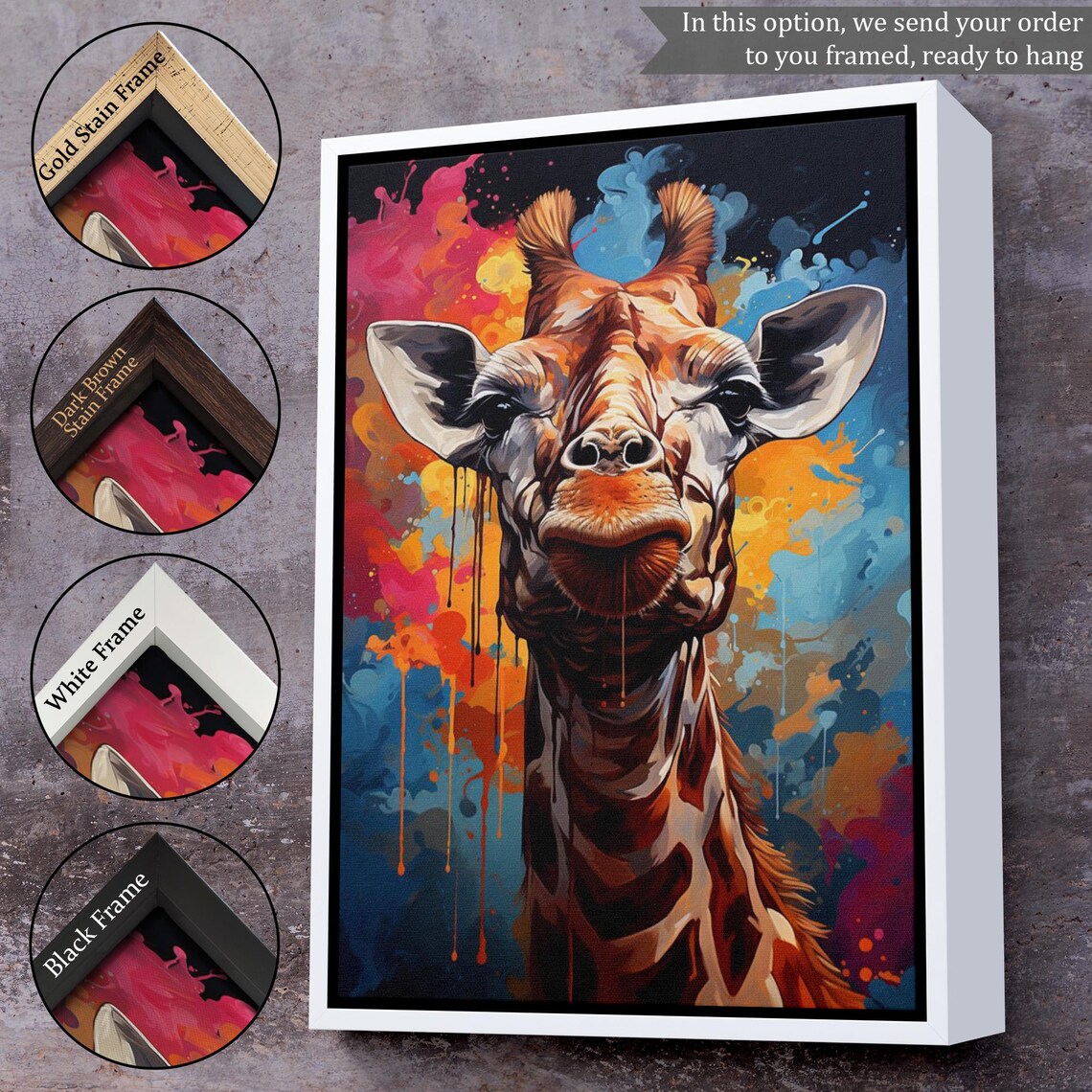 Giraffe Close Up Portrait On Colorful Paint Splatter Background Wall Art - Image 3