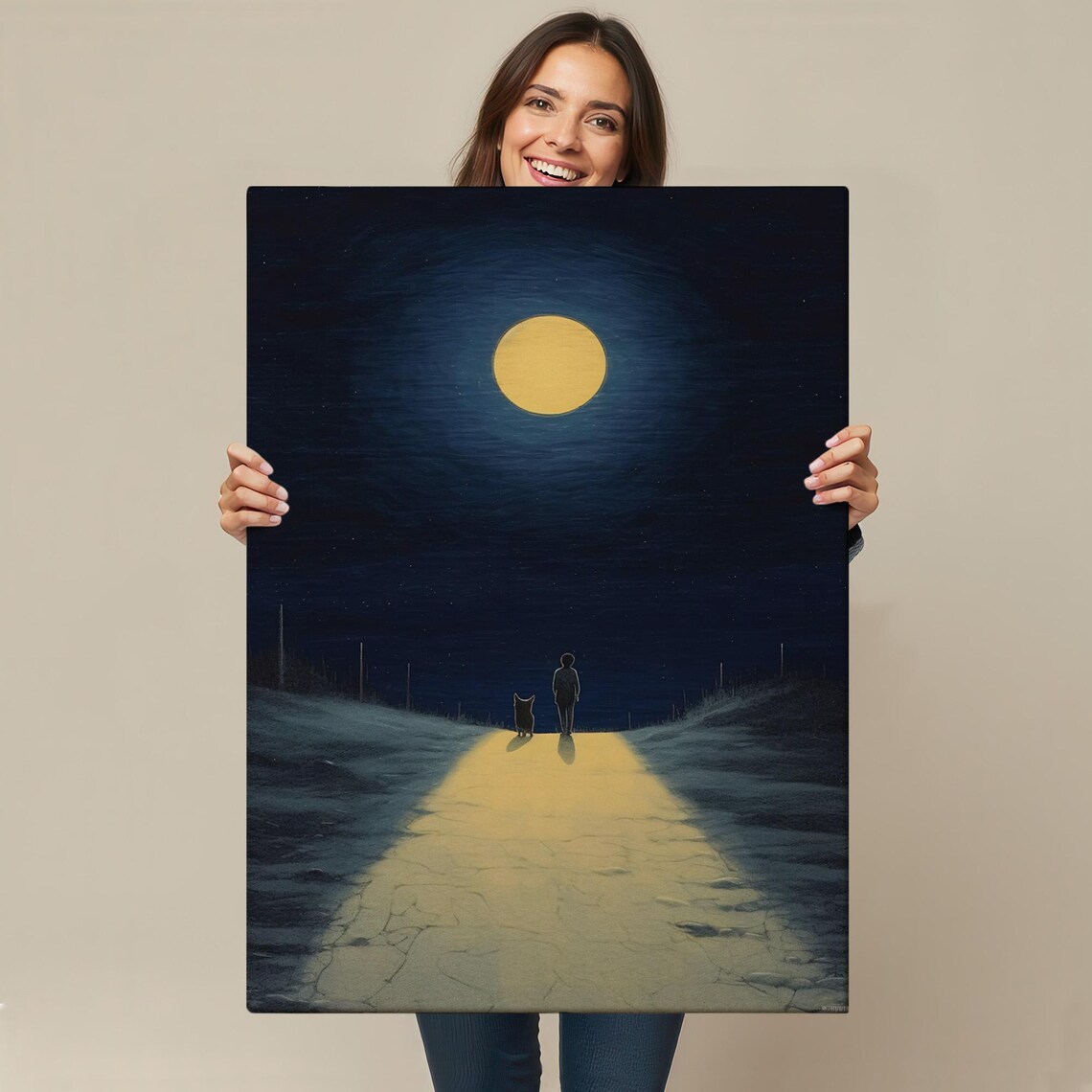 Boy and Dog Walking Moonlit Path Full Moon Silhouette Night Wall Poster - Image 2