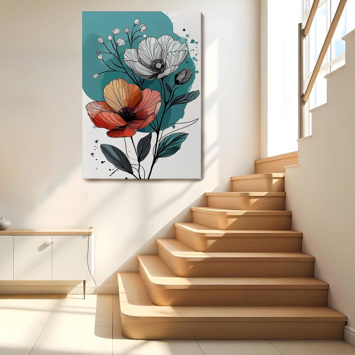 Orange White Poppy Flowers Modern Line Art Teal Botanical Poster - Image 2