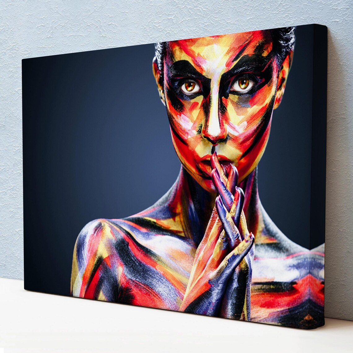 Body Painted Woman Portrait Finger to Lips Bold Color Art Poster