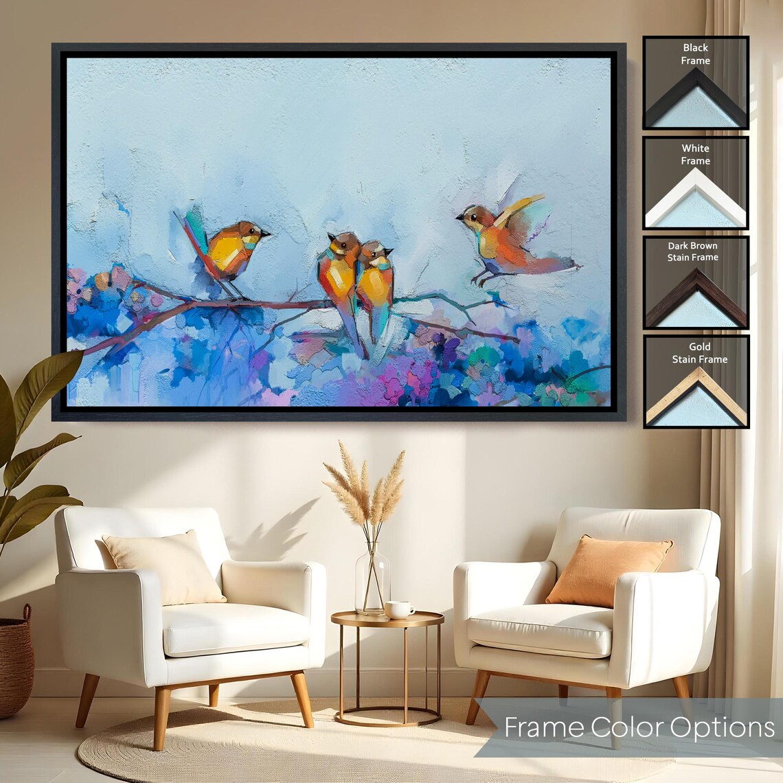 Colorful Birds On Branch Spring Blossom Watercolor Art Poster - Image 2