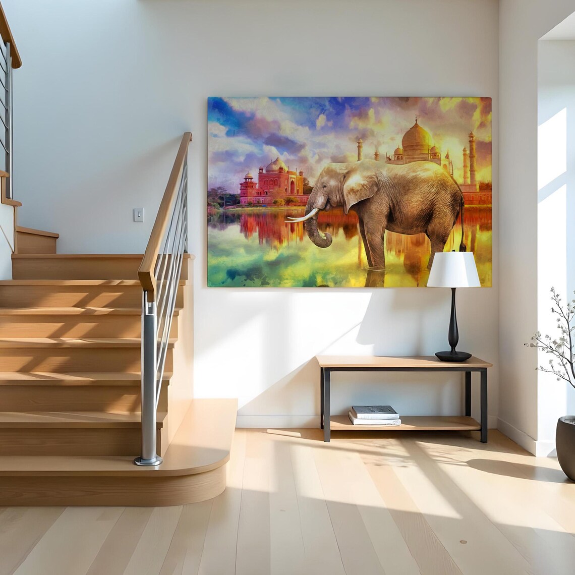 Elephant Before Taj Mahal Sunrise India Landmark Wildlife Art Poster - Image 2
