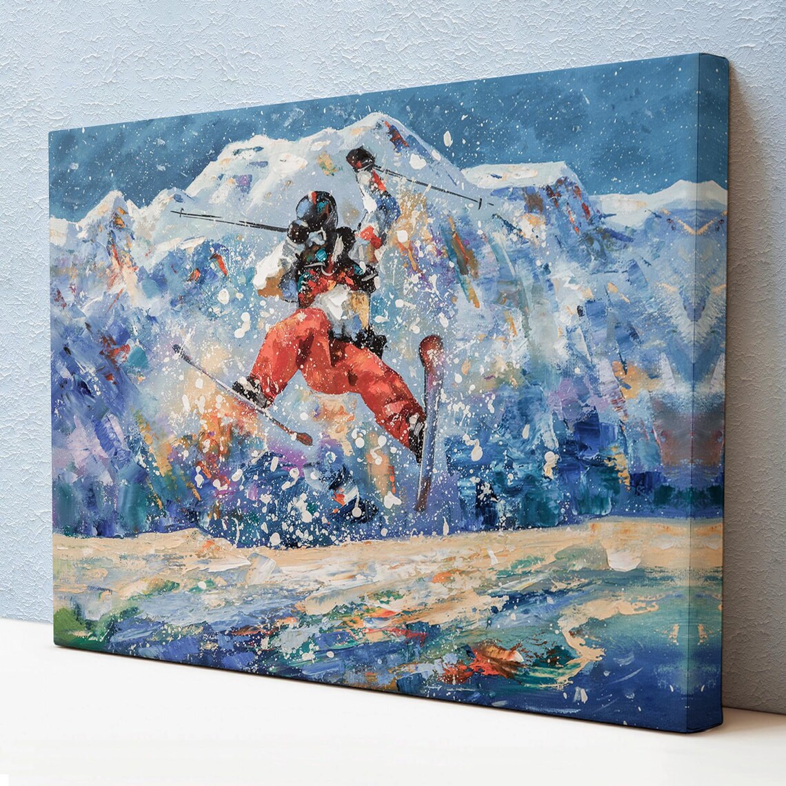 Freestyle Skier Mid Jump Snowy Mountain Peaks Action Painting Poster