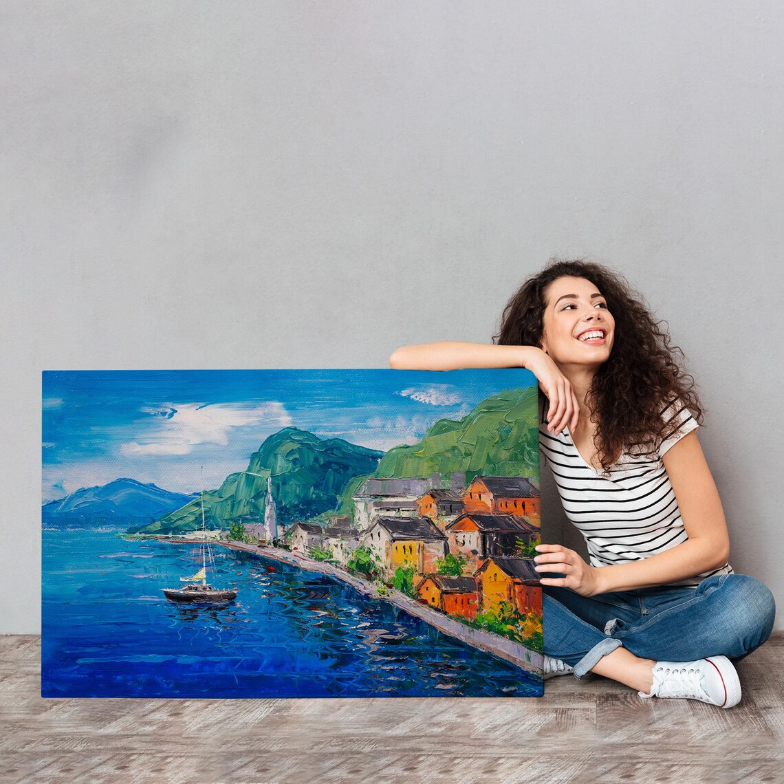 Hallstatt Austria Lakeside Village Sailboat Oil Painting Art Poster - Image 4