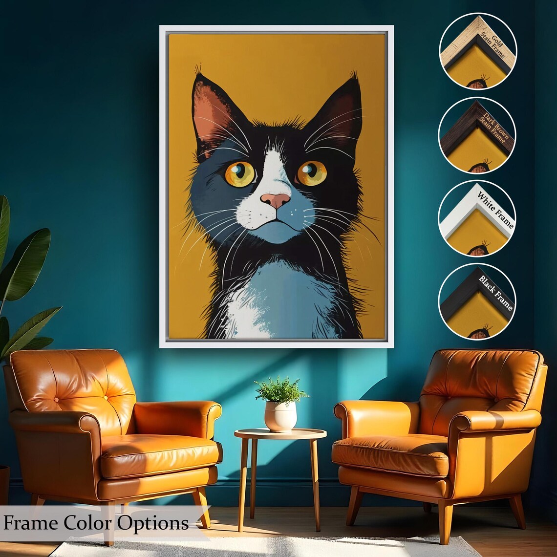 Tuxedo Cat Big Yellow Eyes Mustard Background Pop Art Animal Poster - Image 2