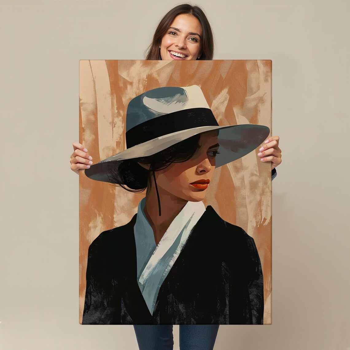 Woman In White Fedora With Black Band Warm Orange Brushstroke Art Poster - Image 4