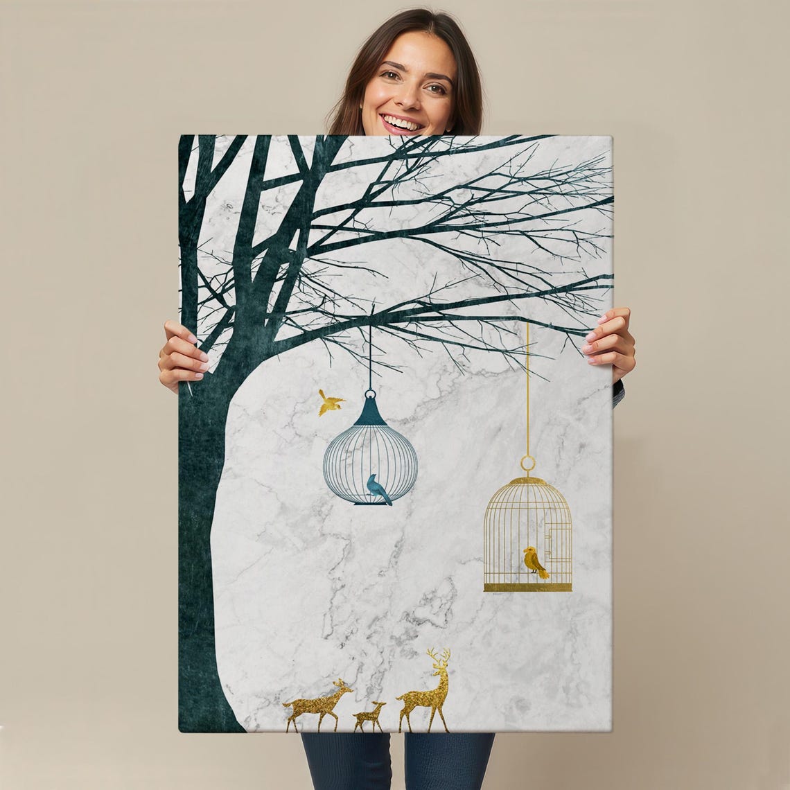 Minimal Golden Deer Birds Hanging Cages Tree Nature Scene Poster - Image 4