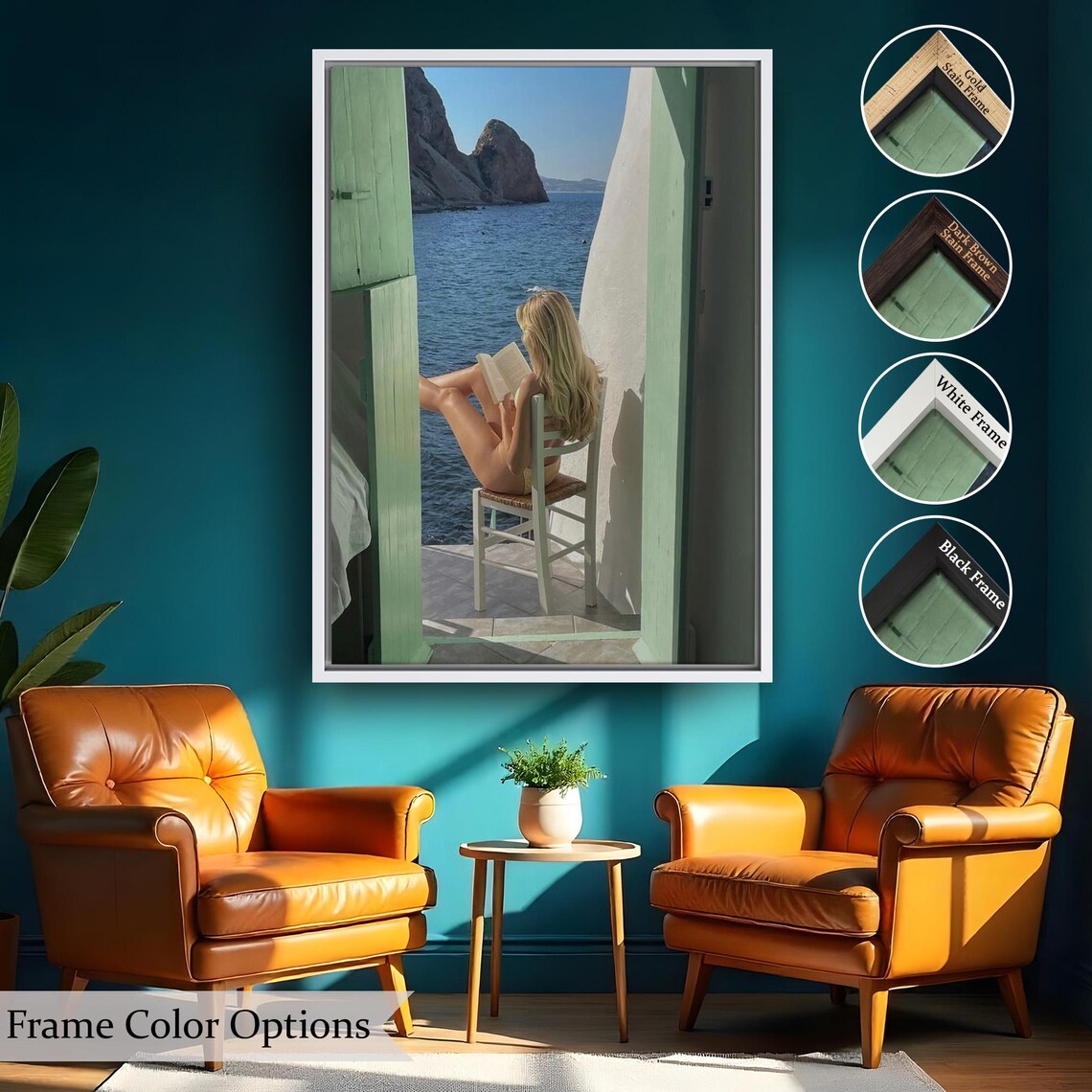 Woman Reading Book By The Sea Green Door Mediterranean View Poster - Image 2