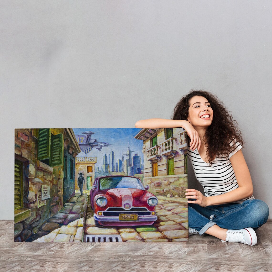 Red Vintage Car Old European Street Surreal Cityscape Auto Poster - Image 4