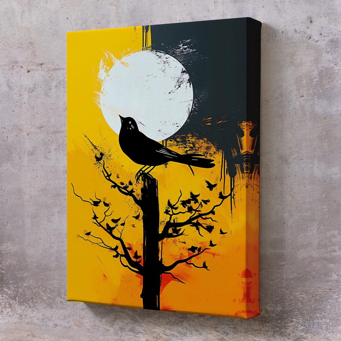 Black Bird On Branch Big Moon Sunset Dramatic Silhouette Art Poster