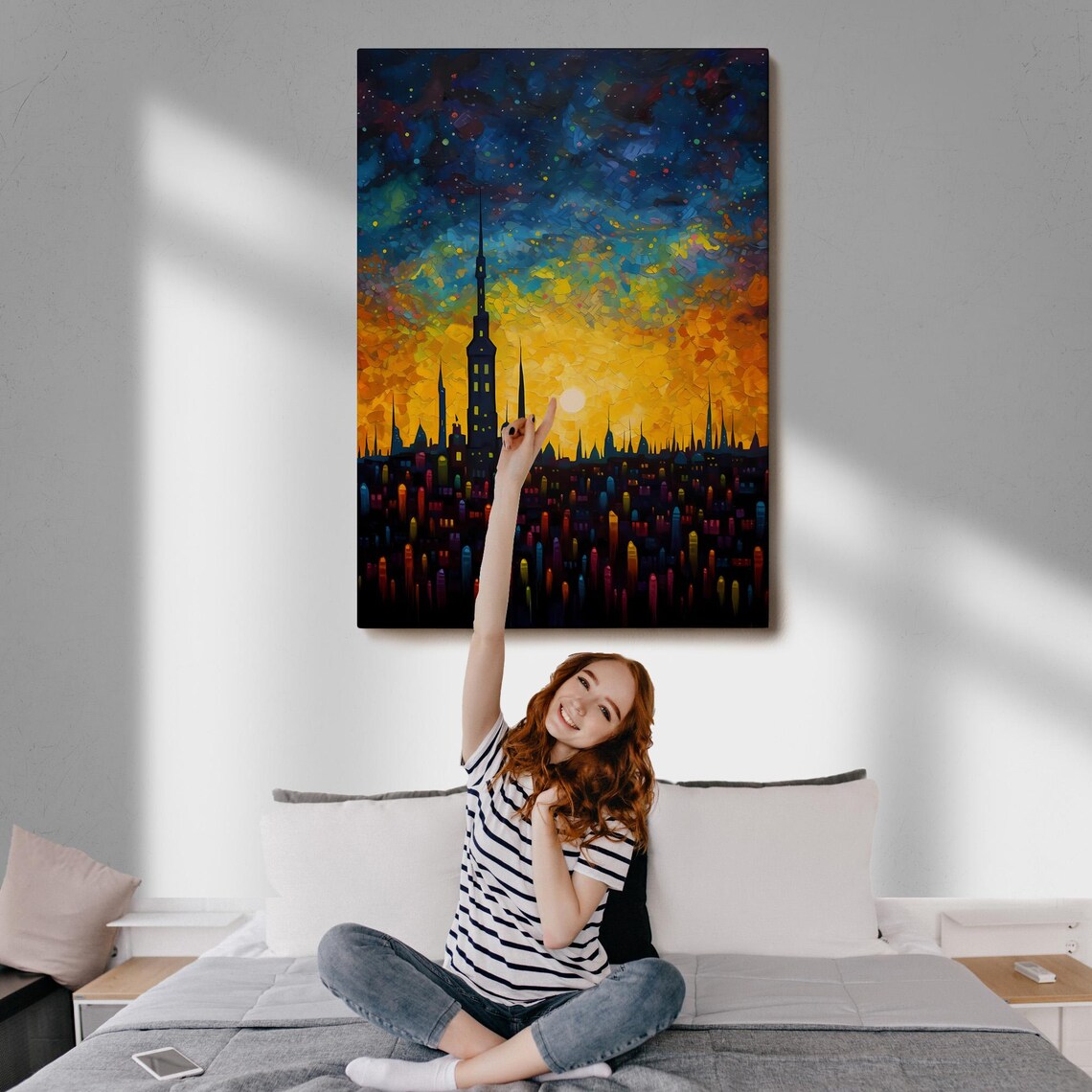Starry Night City Skyline Silhouette Golden Sky Fantasy Wall Art - Image 3