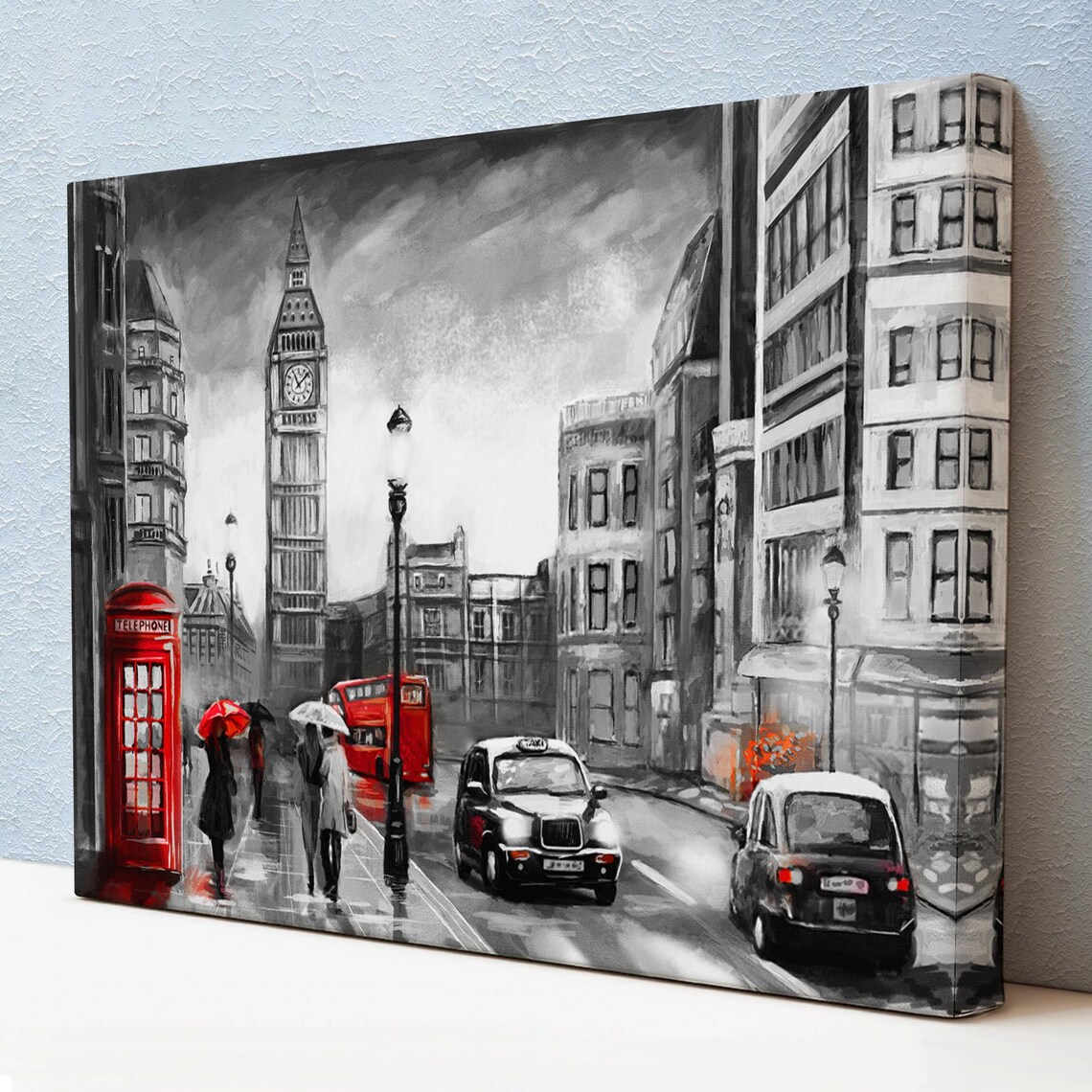 London Big Ben Red Bus Phone Booth Black White Street Scene Poster