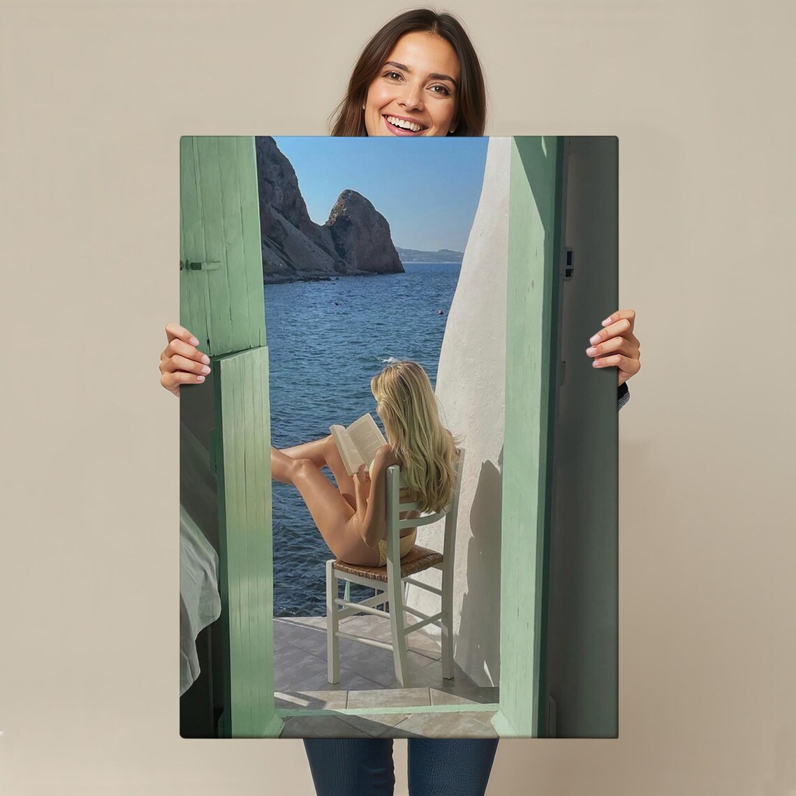 Woman Reading Book By The Sea Green Door Mediterranean View Poster - Image 4