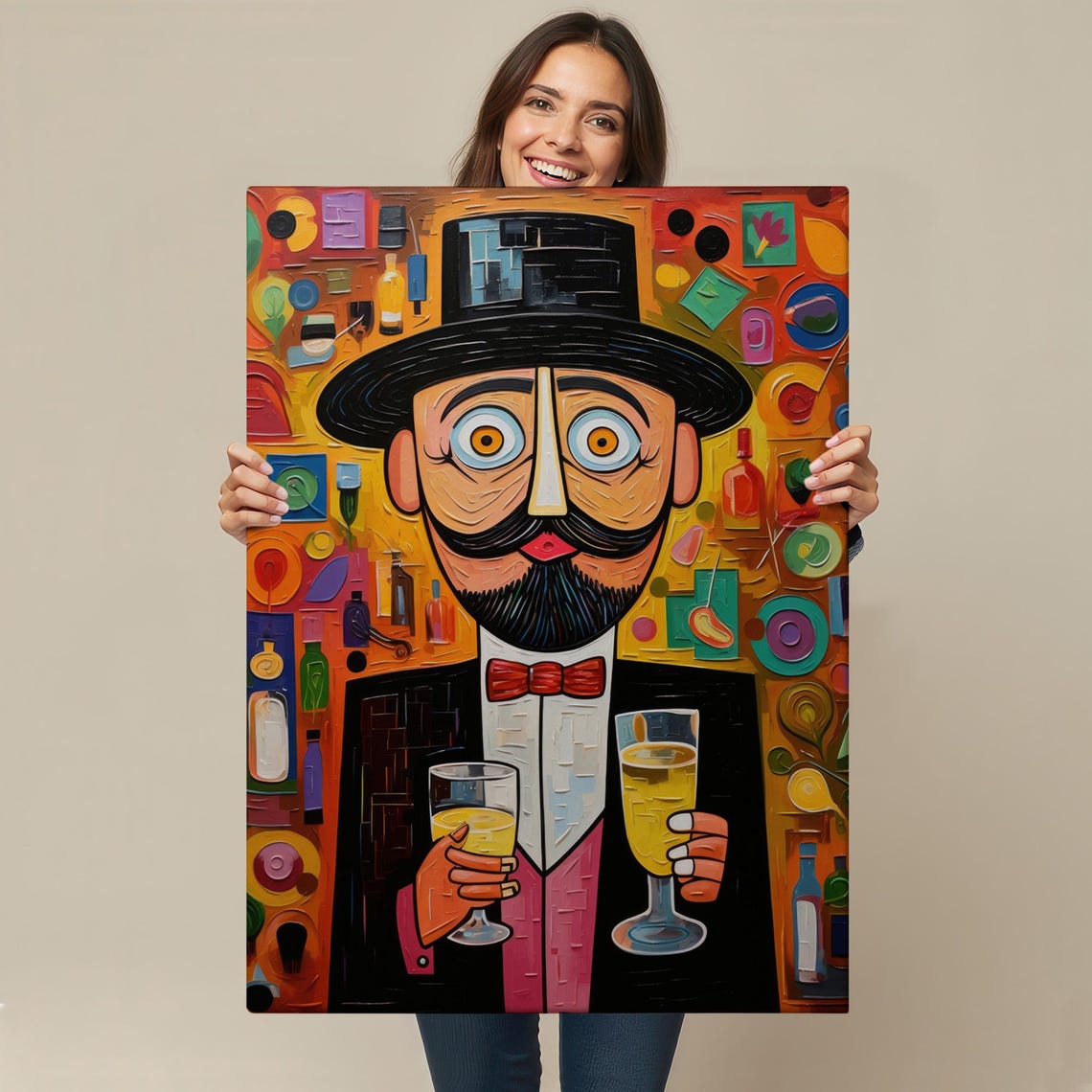 Cubist Mustached Gentleman Top Hat Champagne Whimsical Bar Wall Art - Image 4