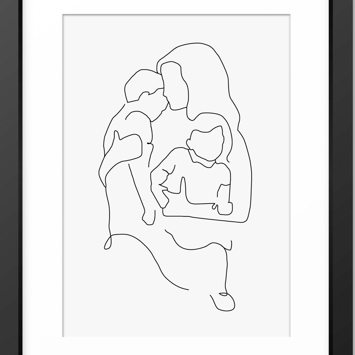 Mother With Her Two Children Close Together in Line Art Poster