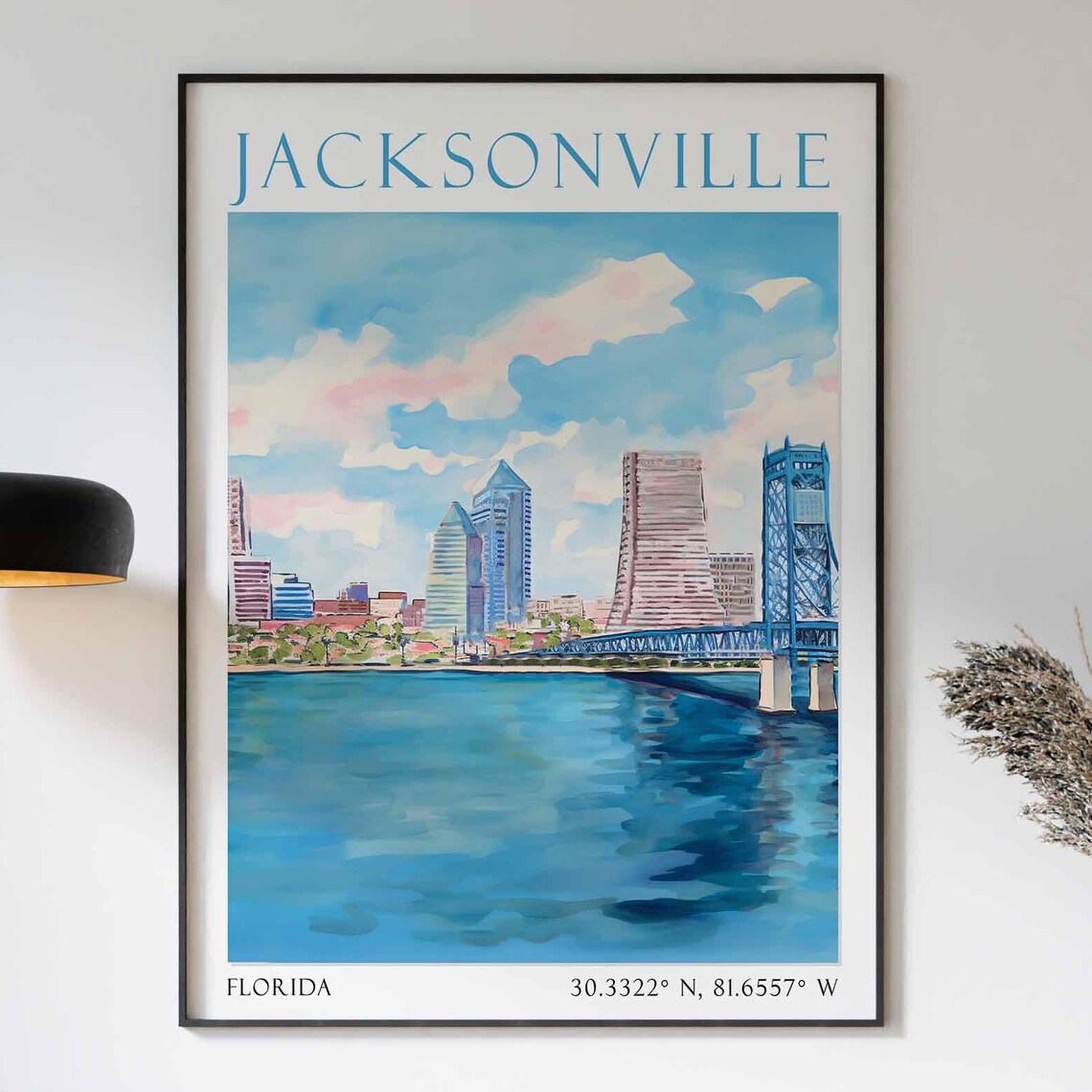 Jacksonville Florida Skyline Blue Bridge Over Water Travel Poster